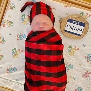 Baby Buffalo Plaid Swaddle Blanket  Hat Set Newborn Photography Prop Red Black